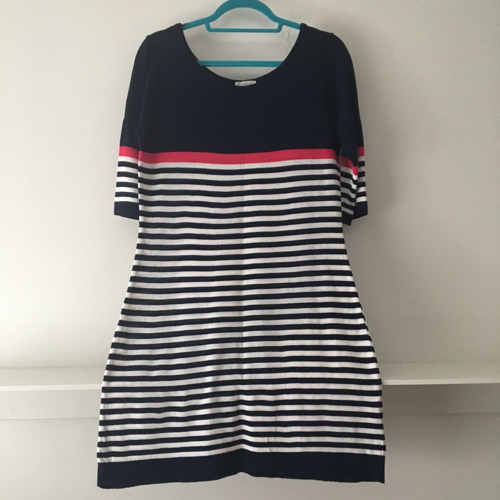 Knit navy, pink, and white striped dress